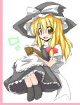  1girl :d apron bangs black_hat black_shoes black_skirt black_vest blonde_hair book border bow brown_eyes female frilled_apron frills full_body hair_bow hat hat_bow holding holding_book kirisame_marisa long_hair looking_at_viewer open_book open_mouth puffy_short_sleeves puffy_sleeves shirt shoes short_sleeves sitting sketch skirt smile solo take_tonbo touhou turtleneck vest waist_apron white_apron white_background white_bow white_shirt witch_hat 