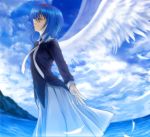  1girl angel_wings blue_hair clouds dress feathers hairband key_(company) little_busters!! mutsuki_(moonknives) nishizono_mio ocean sky solo water wings 