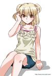  1girl adjusting_hair bare_arms bare_shoulders blonde_hair brown_eyes camisole collarbone mattaku_mousuke original short_twintails shorts sitting solo twintails two_side_up watermark web_address 