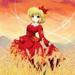  1girl aki_shizuha blonde_hair dress dress_lift female hair_ornament leaf leaf_hair_ornament leaf_on_head object_on_head red_dress short_hair solo touhou wheat yellow_eyes 