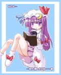  1girl book crescent female hat inasaki_shirau long_hair patchouli_knowledge purple_hair solo touhou 