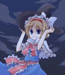  1girl alice_margatroid blonde_hair blue_eyes capelet female hairband hands_on_headwear hat headwear_switch kamoi_hayato light_smile night short_hair solo touhou witch_hat 