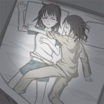  2girls ^_^ ^o^ annoyed bed bed_sheet closed_eyes from_above long_sleeves monochrome multiple_girls muted_color on_bed original pajamas pillow raglan_sleeves shorts sleeping uni yuri 
