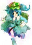  1girl backpack bag blue_eyes blue_hair boots cucumber female hair_bobbles hair_ornament hat kawashiro_nitori key nokishita short_hair short_twintails simple_background sketch smile solo touhou twintails 