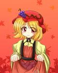  1girl aki_minoriko apron bangs blonde_hair choker eyes_visible_through_hair female food fruit grapes hat leaf leaf_background long_sleeves makino_(ukiuo) maple_leaf orange_background red_eyes ribbon_choker short_hair skirt_basket smile solo sweet_potato touhou wide_sleeves 