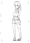  1girl arms_behind_back artist_name breasts drill_hair f4u f4u_(naitou2) full_body huge_breasts light_smile long_hair looking_at_viewer monochrome original shorts simple_background sketch solo standing twin_drills white_background 