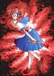  1girl billhook blood blood_on_face bloody_clothes bloody_knife crazy_eyes hatchet higurashi_no_naku_koro_ni ryuuguu_rena school_uniform solo tuki v 