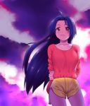  1girl ahoge blue_hair clouds cloudy_sky collarbone contrapposto cowboy_shot idolmaster long_hair long_sleeves looking_at_viewer lunch_(artist) lunch_(lunch3) miura_azusa red_eyes short_shorts shorts sky solo standing sweater 