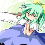  1girl alternate_wings blue_dress blush bow closed_eyes daiyousei dress female green_hair hair_bow hands_clasped lowres ponytail solo take_tonbo the_embodiment_of_scarlet_devil touhou wings 