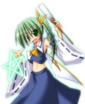  1girl bangs blue_ribbon blue_shirt blue_skirt cosplay daiyousei detached_sleeves eyebrows eyebrows_visible_through_hair eyes_visible_through_hair fairy_wings female gohei green_eyes green_hair hair_ribbon hakurei_reimu hakurei_reimu_(cosplay) ichidai_taisa kochiya_sanae kochiya_sanae_(cosplay) long_skirt lowres midriff nontraditional_miko ribbon ribbon-trimmed_sleeves ribbon_trim shirt side_ponytail simple_background skirt solo star the_embodiment_of_scarlet_devil touhou white_background wings yellow_ribbon 