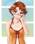  1girl bare_shoulders bespectacled brown_eyes brown_hair camisole collarbone eyelashes flipped_hair glasses lingerie natsuki_rin precure red-framed_glasses same semi-rimless_glasses short_hair smile solo tan tanline under-rim_glasses underwear yes!_precure_5 