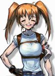  1girl closed_eyes cross_mirage gloves gun holster laughing lowres lyrical_nanoha m_ganzy mahou_shoujo_lyrical_nanoha mahou_shoujo_lyrical_nanoha_strikers mganzy military military_uniform orange_hair solo teana_lanster twintails uniform weapon 