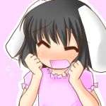  1girl ^_^ animal_ears bangs black_hair blush closed_eyes dress female flying_sweatdrops happy inaba_tewi lowres morino_harifu open_mouth pink_background pink_dress puffy_short_sleeves puffy_sleeves rabbit_ears short_hair short_sleeves simple_background smile solo touhou upper_body 