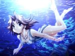  1girl banpresto barefoot blue_eyes breasts erect_nipples feet freediving jewelry latooni_subota medium_breasts necklace one-piece_swimsuit parody solo super_robot_wars super_robot_wars_original_generation swimsuit toes underwater water 