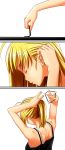  1girl adjusting_hair alternate_hairstyle arms_up bare_shoulders closed_eyes comic face fate/stay_night fate_(series) from_behind from_side fukurou hairdressing hands ponytail profile saber simple_background sleeveless tank_top tying_hair upper_body white_background 