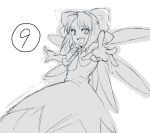  (9) 1girl :d bow cirno dress female foreshortening hair_bow hands kimuchi monochrome open_mouth short_hair sketch smile solo tetsu_(kimuchi) touhou wings 