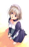  1girl :d apron blue_dress blue_eyes breasts cleavage dress frills full_body juliet_sleeves kneeling long_sleeves looking_at_viewer looking_up maid maid_apron maid_headdress maimu open_mouth original puffy_long_sleeves puffy_sleeves short_hair silver_hair smile solo 