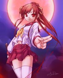  47agdragon moon navel original red_moon school_uniform serafuku sword thigh-highs weapon zettai_ryouiki 