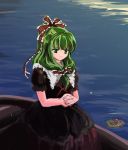  1girl black_dress boat dress female front_ponytail green_eyes green_hair hair_ribbon hands_clasped kagiyama_hina red_ribbon ribbon solo touhou 