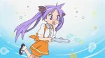  1girl animated animated_gif anna_miller cup falling hiiragi_kagami lowres lucky_star orange_skirt screencap skirt solo sweatdrop tray waitress 
