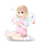  1girl blonde_hair female flandre_scarlet flat_chest hair_ribbon knitting no_hat no_headwear oouso_(usotsukiya) pregnant red_eyes ribbon short_hair side_ponytail smile socks solo touhou wings yarn 