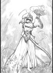  1girl barefoot electricity fan female fog folding_fan monochrome saigyouji_yuyuko sketch solo takadoya touhou 