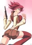  1girl ass bare_shoulders blue_eyes breasts code_geass fukano_youichi gun handgun headband kallen_stadtfeld large_breasts nambu_type_14 pistol redhead short_hair sleeveless sleeveless_turtleneck solo thigh-highs turtleneck weapon 