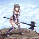  1girl akino_komichi axe black_hair breasts cleavage double_bladed_axe fantasy_earth_zero female gloves medium_breasts shacchi solo thigh_strap warrior weapon yellow_eyes 