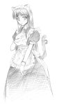  1girl animal_ears breasts cat_ears cat_tail female kakitsubata_tsukune maid monochrome original sketch solo tail 