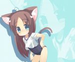 1girl animal_ears blue_eyes brown_hair gym_uniform long_hair no_pants omiso omiso_(omiso) one-piece_swimsuit school_swimsuit solo swimsuit swimsuit_under_clothes tail 