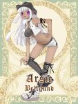  1girl bandeau breasts cleavage cowboy_hat dark_skin full_body hand_on_hip hat large_breasts long_hair midriff navel open_mouth original saibashi short_shorts shorts silver_rain smile solo under_boob violet_eyes western white_hair 