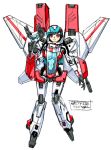  1girl aircraft airplane autobot blue_hair breasts cleavage genderswap gun jet jetfire m_ganzy mecha_musume medium_breasts red_eyes robot science_fiction short_hair solo transformers weapon wings 
