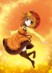  1girl aki_minoriko apron black_legwear blonde_hair brown_eyes catbell female hat light_particles looking_at_viewer open_mouth outstretched_arms short_hair smile solo spread_arms thigh-highs touhou zettai_ryouiki 