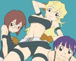  3girls bike_shorts blonde_hair brown_hair from_below glasses gloves kinon kiyal kiyoh long_hair midriff multiple_girls purple_hair short_hair siblings sisters tengen_toppa_gurren_lagann thigh_strap 