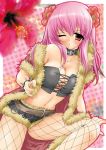  1girl blush breast_press breasts cleavage collar criss_cross_top fishnet_pantyhose fishnets flower lace_up_front long_hair midriff pantyhose pink_hair ragnarok_online rogue_(ragnarok_online) solo tubetop wink 