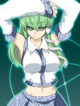  1girl arms_up detached_sleeves female green_eyes green_hair kochiya_sanae long_hair midriff navel solo tajima_yuuki touhou 