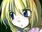  1girl alice_margatroid black_background blonde_hair blue_eyes blush close-up eyebrows eyebrows_visible_through_hair face female hairband neki-t serious simple_background solo touhou upper_body 