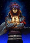  1boy belt blue_hair core_drill crossed_arms denchi drill goggles goggles_on_head jacket male_focus manly muscle neck_brace older open_clothes open_shirt realistic shirt simon solo space tengen_toppa_gurren_lagann trench_coat 