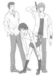  1girl 2boys arm_at_side bangs baseball_bat bent_over closed_mouth frown full_body hand_in_pocket hands_on_own_knees holding kneehighs konno_makoto legs_apart loafers looking_at_viewer mamiya_chiaki miniskirt monochrome multiple_boys open_clothes open_shirt pleated_skirt school_uniform shirt shoes short_hair short_sleeves simple_background sketch skirt smile standing toki_wo_kakeru_shoujo tosibow tsuda_kousuke white_background wristband 