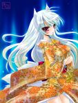  1girl animal_ears bangs breasts chikkuru crossed_arms eyeshadow floral_print fox_ears fox_tail japanese_clothes kimono kyuubi long_hair looking_at_viewer makeup medium_breasts multiple_tails original red_eyes silver_hair simple_background slit_pupils solo tail traditional_clothes violet_eyes white_hair 