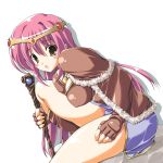  1girl blue_skirt breasts brown_gloves capelet dutch_angle from_side fur gloves head_tilt high_wizard holding large_breasts long_hair long_sleeves looking_at_viewer miniskirt pink_hair ragnarok_online sitting skirt solo 