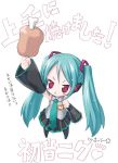  1girl :&lt; aqua_hair aqua_necktie bangs blush_stickers boned_meat chibi detached_sleeves food hatsune_miku headset kiira long_hair meat name_tag necktie red_eyes skirt solo thigh-highs translated triangle_mouth twintails very_long_hair vocaloid 