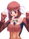  1girl beastmaster beastmaster_(final_fantasy) between_breasts blush breasts brown_hair choker creature cross cross-laced_clothes final_fantasy final_fantasy_xi fingerless_gloves gloves hair_ornament hands_up hat hume jewelry large_breasts leaf long_sleeves looking_down mandragora mandragora_(final_fantasy) necklace open_mouth red_gloves red_hat short_hair simple_background sketch solo stitches surprised tassel tori tori_(torinchi) upper_body white_background 