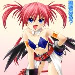  1girl agito agito_(nanoha) armlet ayato belt blue_eyes blush choker erect_nipples fang flat_chest hand_on_hip hips leaning_forward long_hair lyrical_nanoha mahou_shoujo_lyrical_nanoha mahou_shoujo_lyrical_nanoha_strikers midriff quad_tails redhead solo translation_request wings 