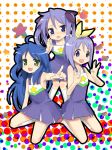  3girls :d ahoge bare_shoulders blue_eyes blue_hair blush cheerleader collarbone dress full_body green_eyes hiiragi_kagami hiiragi_tsukasa izumi_konata kneehighs kneeling long_hair looking_at_viewer lucky_star multiple_girls open_mouth pink_hair polka_dot polka_dot_background purple_dress sanae_(satansanae) smile star very_long_hair white_legwear 