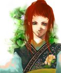 1girl chinese_clothes female flower green_eyes hanfu juuni_kokuki leaf long_hair nakajima_youko nature ponytail redhead satsuki_hatsuko smile solo 