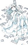  1girl blue female kochiya_sanae monochrome oekaki ofuda red_eyes sakuraba_yuuki solo spot_color tabi tears touhou 