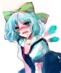  1girl blue_dress blue_hair blush bow cirno dress drooling female green_eyes hair_bow ice ice_wings nokishita open_collar puffy_short_sleeves puffy_sleeves shoot_the_bullet short_sleeves simple_background solo sweat touhou untied upper_body wings 