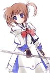  00s 1girl blue_eyes blush bow brown_hair fingerless_gloves gloves lyrical_nanoha magical_girl mahou_shoujo_lyrical_nanoha raising_heart red_bow redhead ruku_(alicecreation) side_ponytail sketch solo takamachi_nanoha twintails violet_eyes weapon 