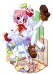  1girl :d ah-kun blue_eyes chair full_body highres loafers looking_at_viewer moetan nijihara_ink open_mouth pink_hair pop shoes short_hair simple_background sitting smile solo thigh-highs white_background white_legwear 